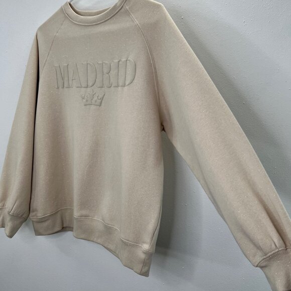 Planet Heart Madrid Spain Sweatshirt XS Oversize Crewneck Glitter Beige NWT - Picture 2 of 8